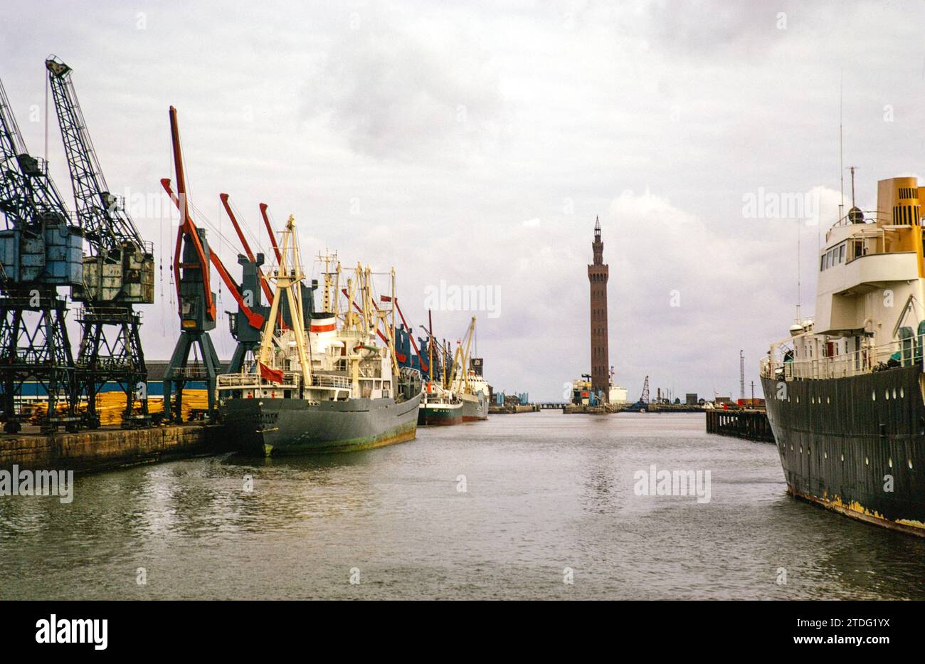 Cargo ships in Royal Dock with Grimsby Dock Tower, Grimsby, Lincolnshire, England, UK September 1973 Stock Photo