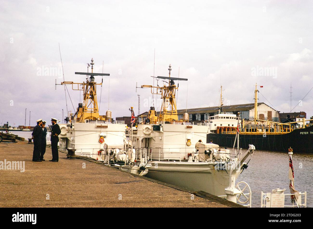 Royal Navy vessels 'Enterprise' and 'Egeria' Inshore Survey Squadron,  Grimsby docks, Lincolnshire, England, UK September 1973 Stock Photo