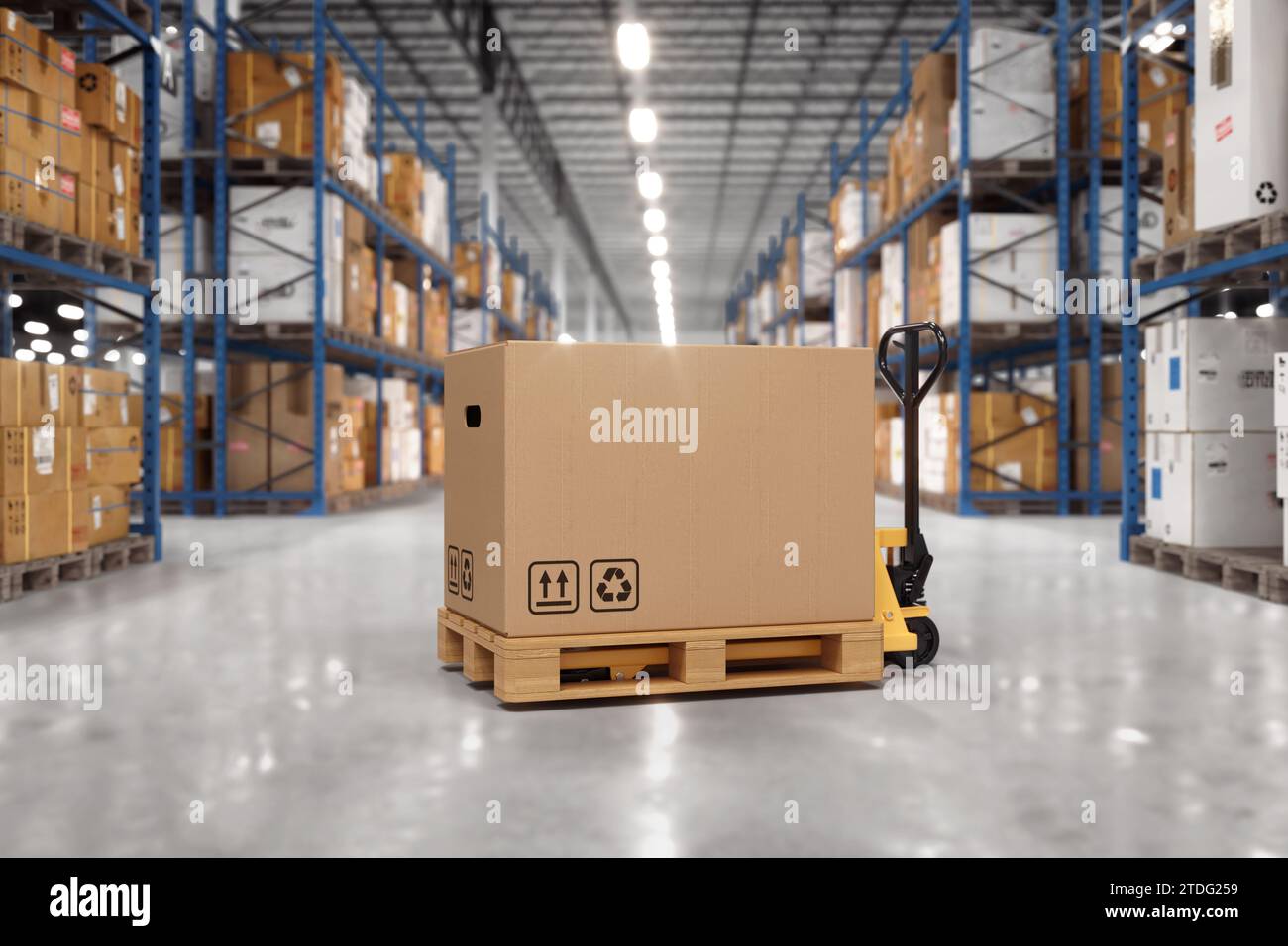 Pallet truck with a cardboard box in a warehouse. Large warehouse full