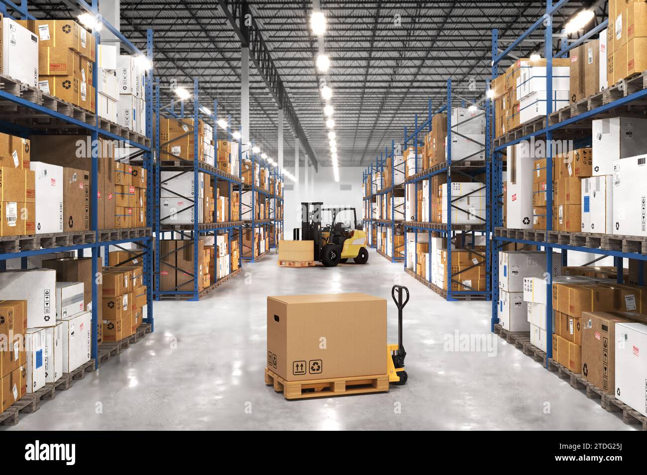 Pallet truck with a cardboard box in a warehouse. Large warehouse full