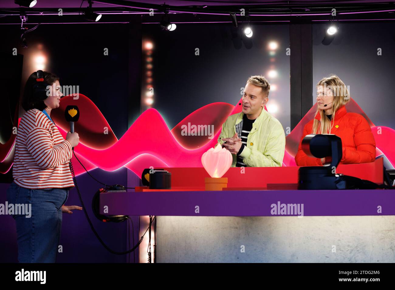Brugge, Belgium. 18th Dec, 2023. Radio presenter Sam De Bruyn and Radio ...