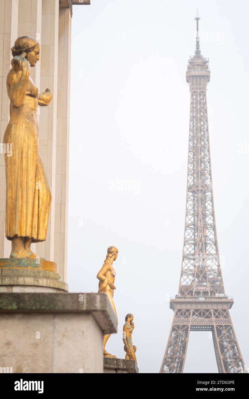 Rainy Eiffel Tower from Place du Trocadéro in Paris - France Stock Photo