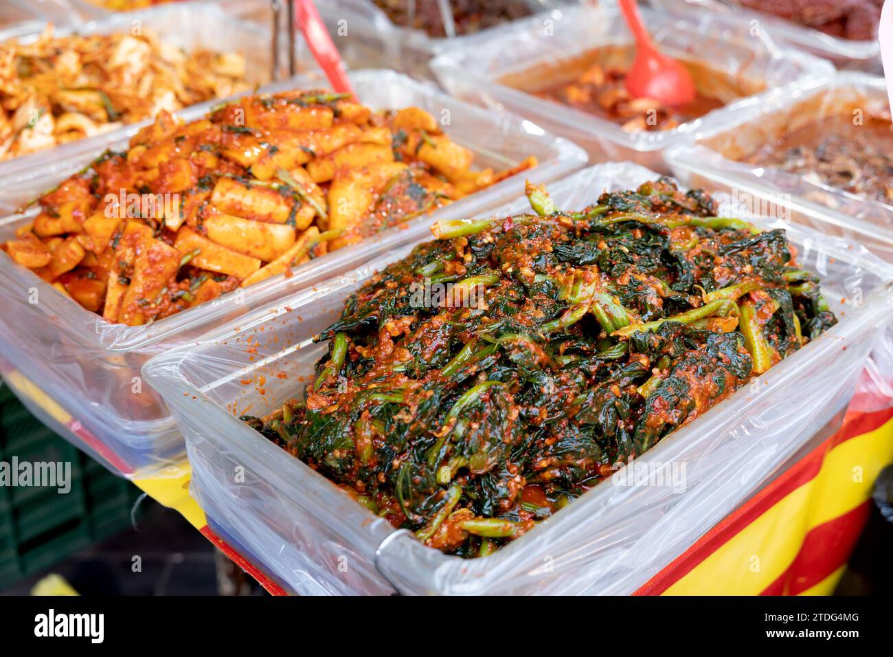 Gat kimchi on display at a side dish shop in a traditional market in