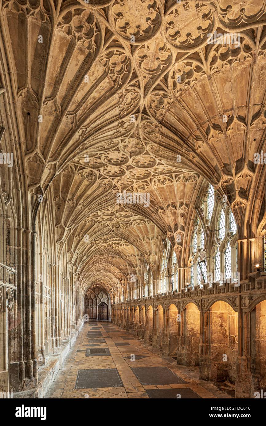The 14th century Great Cloister at Gloucester Cathedral thought to be the earliest & best example of fan vaulting in the world, Gloucester, Engalnd UK Stock Photo