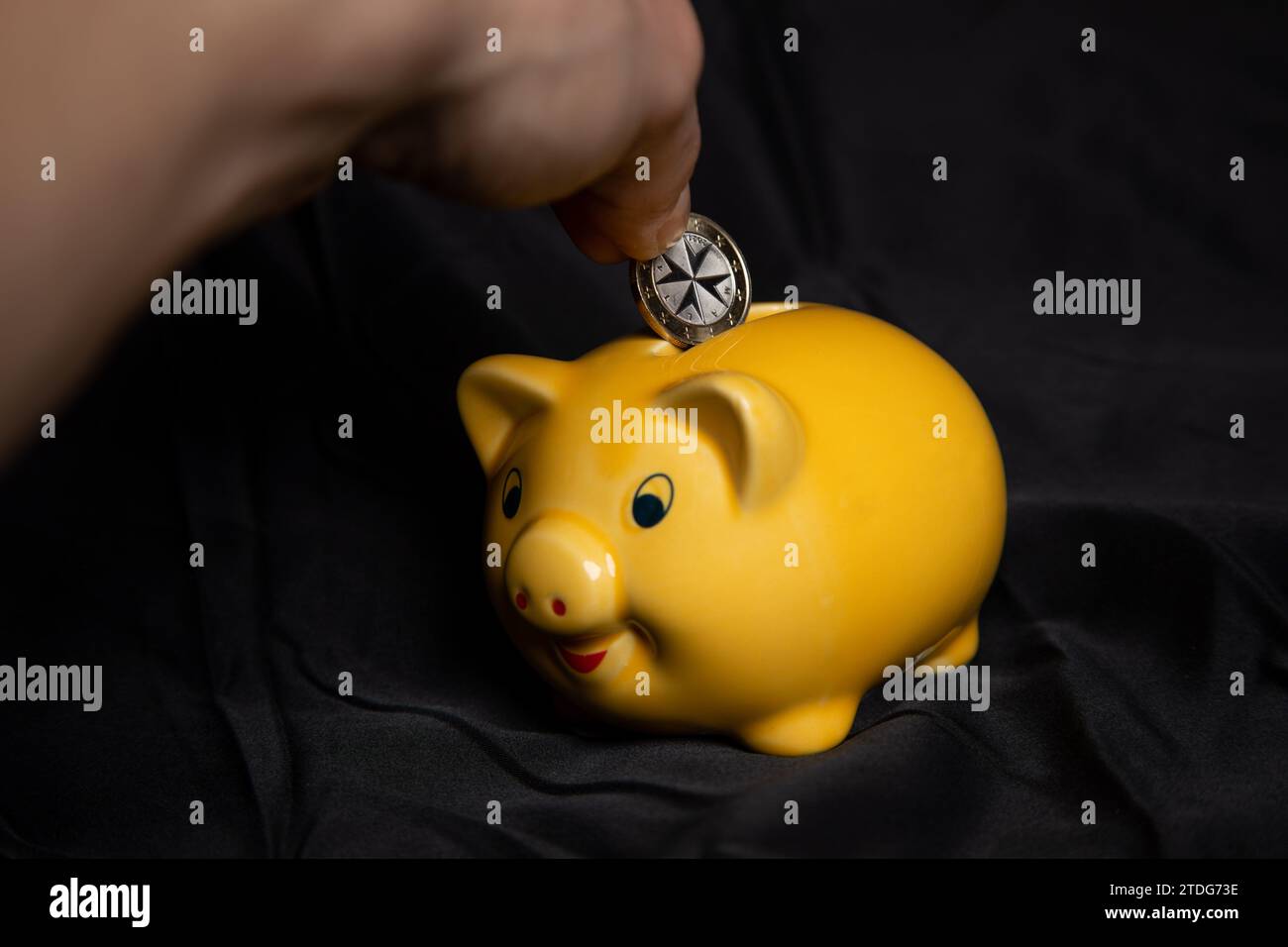 Sparschwein mit Geld füllen Stock Photo