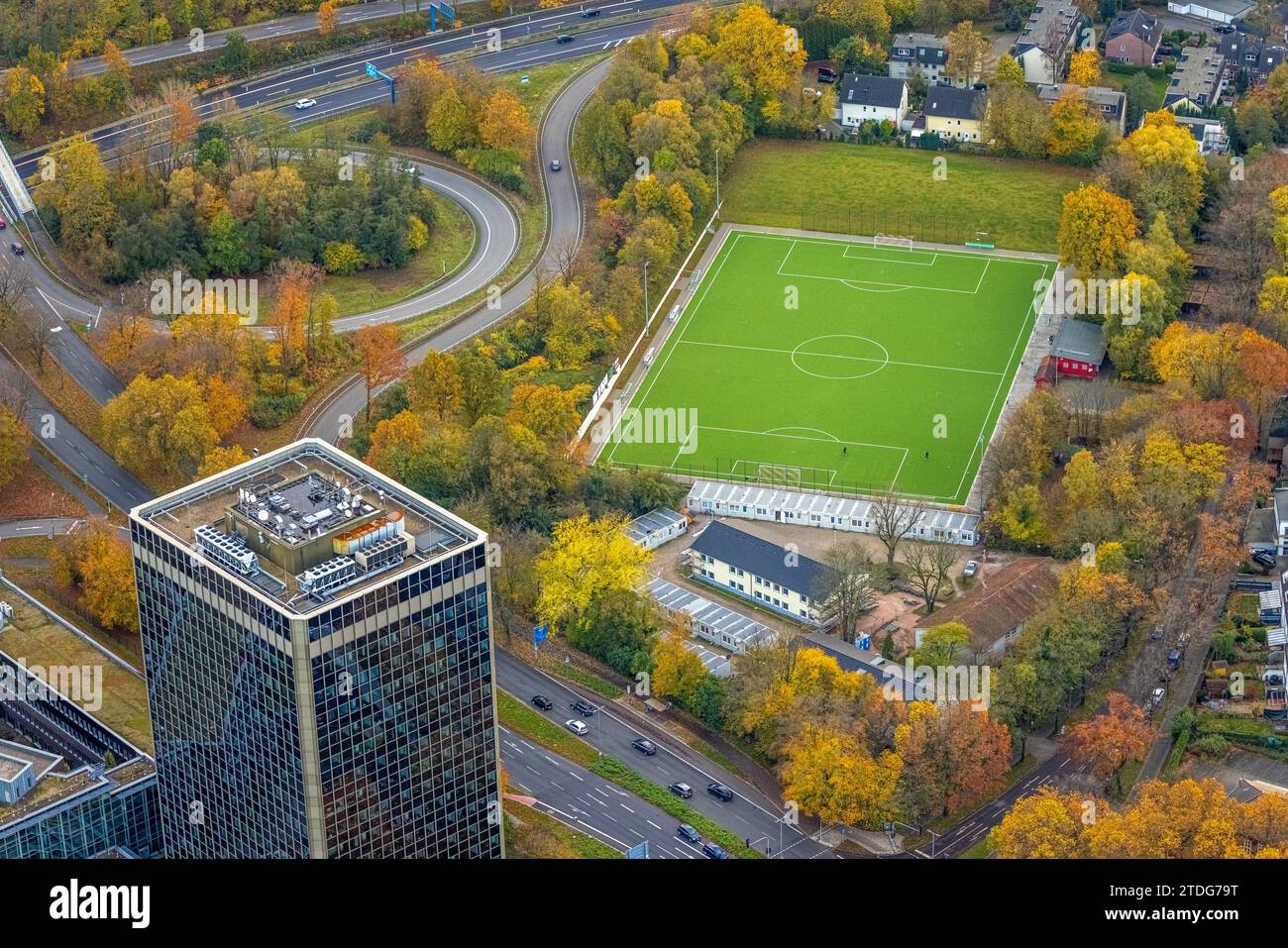 Illustration of High-Rise Building With Rooftop Soccer Field And Views