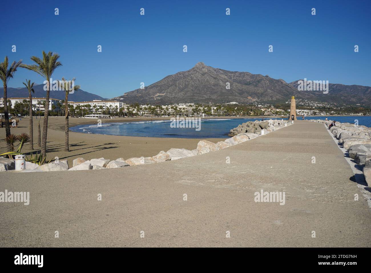 Puerto Banús beach, Marbella, with la Concha Mountain behind, from Pier, Costa del sol, winter season, Andalucia, Spain. Stock Photo