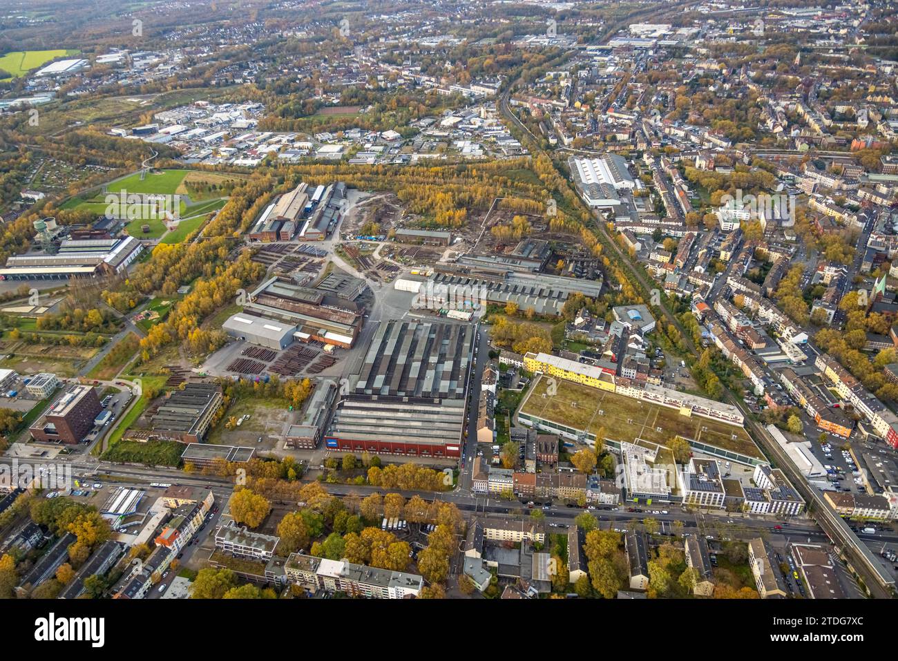 Aerial view, Westpark overview with old factory halls Bochumer Verein and Jahrhunderthalle event location, red light district Im Winkel Eierberg, view Stock Photo