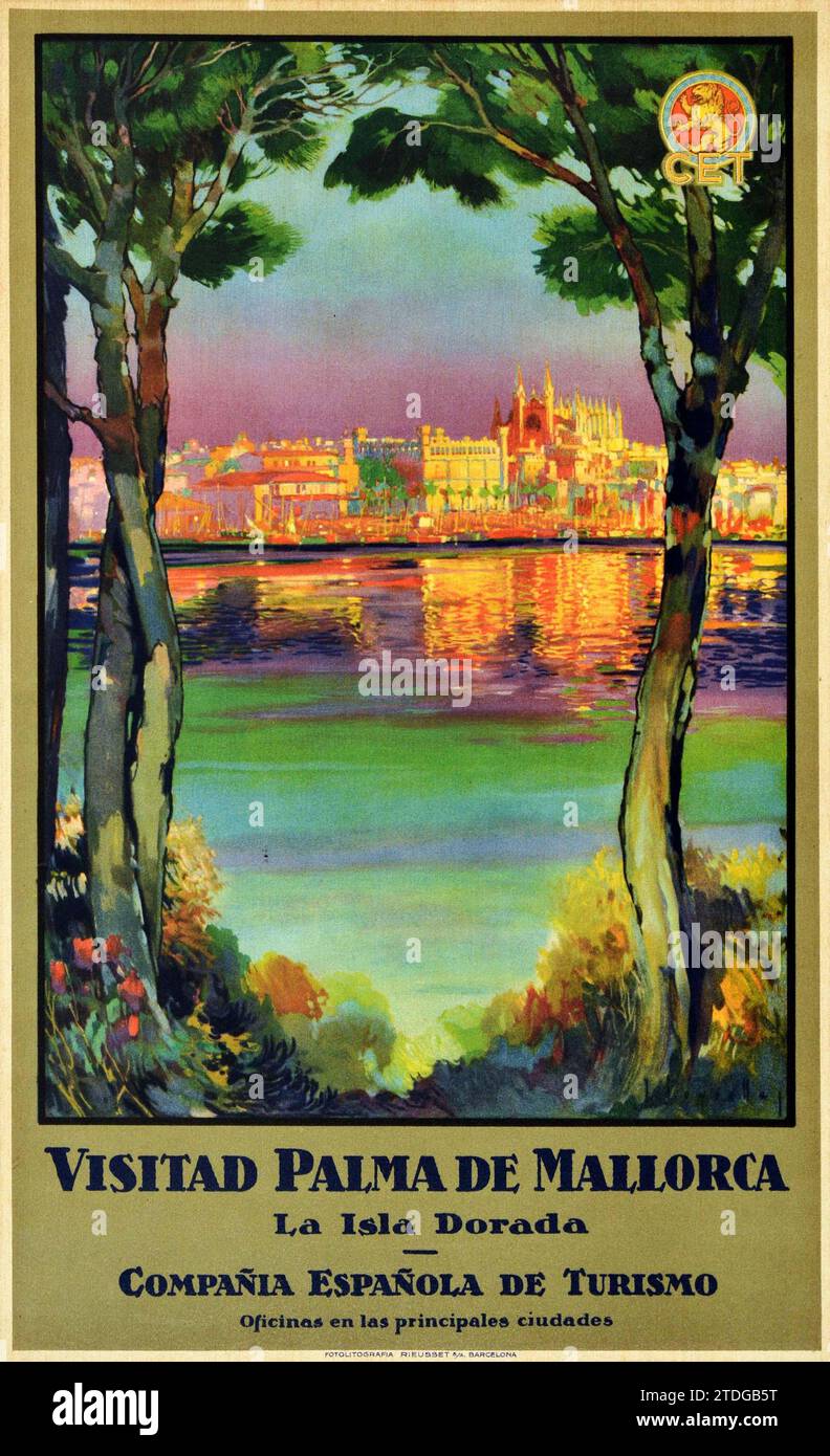 CET - J. Segrelles artwork - Vintage Travel Poster - Visitad Palma De Mallorca - La Isla Dorada, 1926 Stock Photo