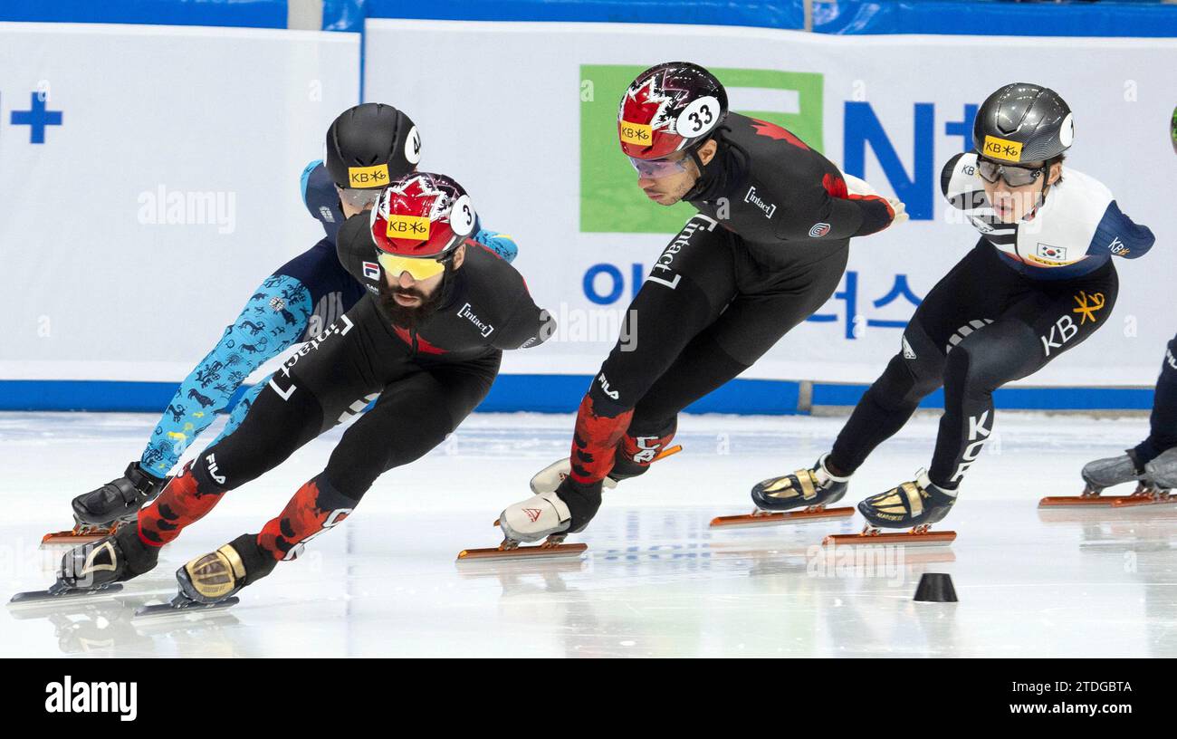 Seoul, South Korea. 17th Dec, 2023. Dubois Sreven (3) of Canada, Dandjinou William (33) of Canada and Park Ji-won (1) of South Korea, reacts after winning the final of the men's 1500m on the ISU World Cup Short Track Speed Skating 2023-2024 at Mokdong Ice Rink in Seoul, South Korea on December 17, 2023. (Photo by Lee Young-ho/Sipa USA) Credit: Sipa USA/Alamy Live News Stock Photo