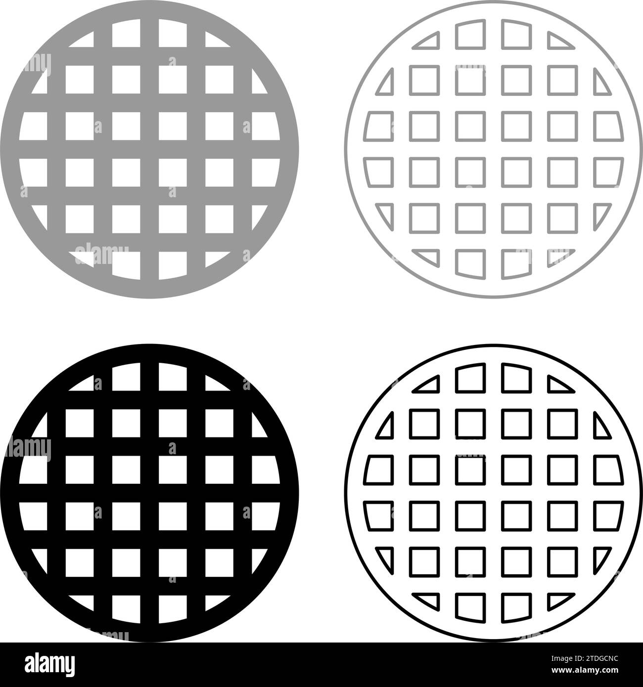 Grating grate lattice trellis net mesh BBQ grill grilling surface round shape set icon grey black color vector illustration image simple solid fill Stock Vector
