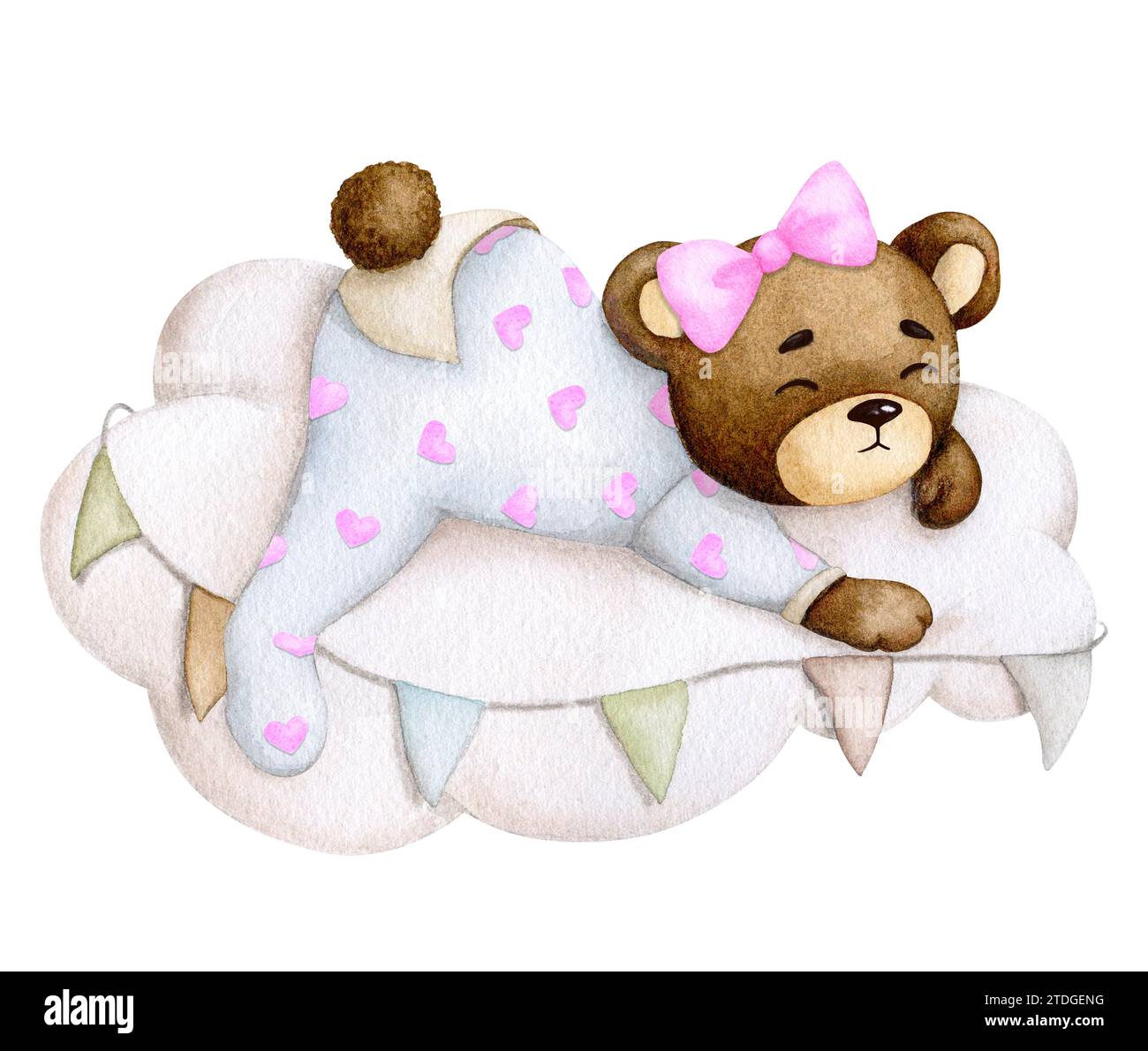 Cute baby bear sleeping on a cloud. Girl. Hand painted watercolor ...