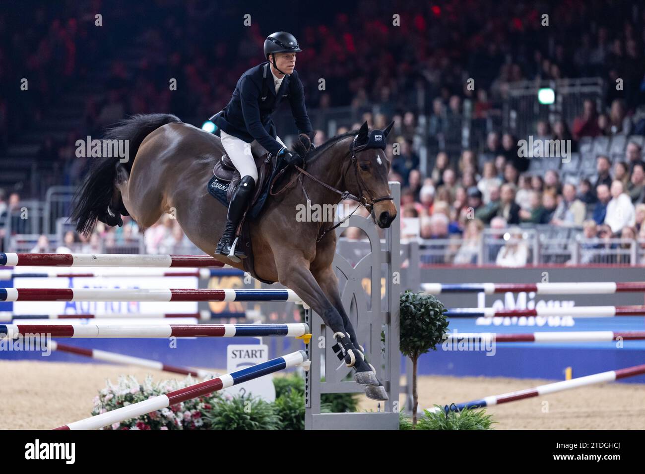 Max Kuhner of Austria with EIC Daloubet during the Six Bar showjumping