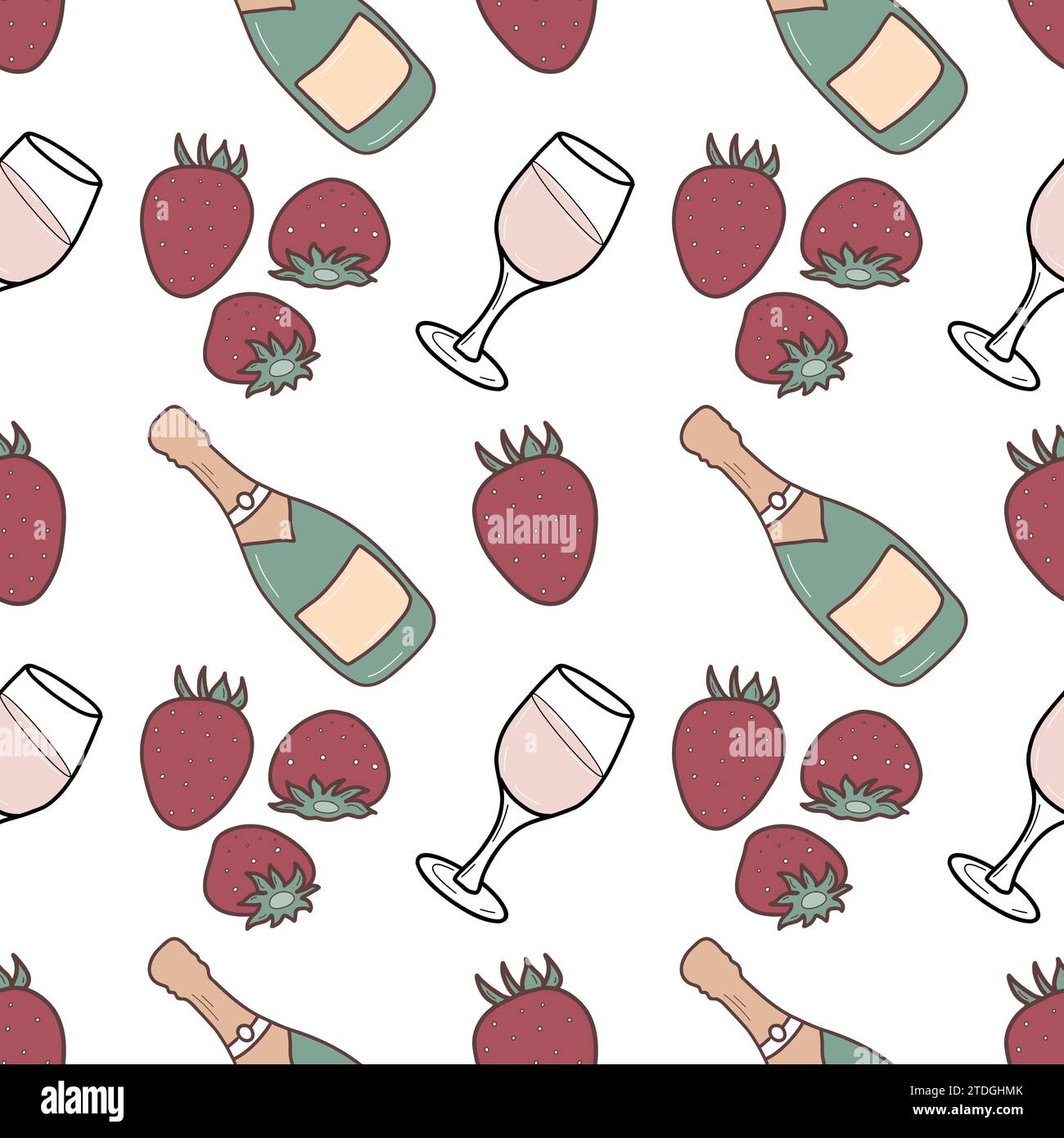 Romantic seamless pattern. Champagne and strawberries. Colored vector design for fabric, scrapbooking or packaging for Valentine day. Stock Vector