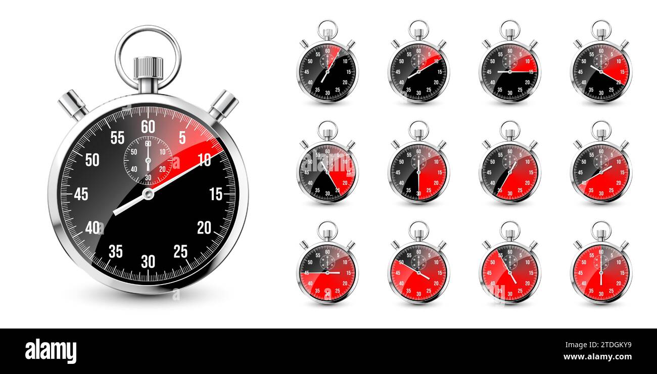 Realistic classic stopwatch. Shiny metal chronometer, time counter with ...