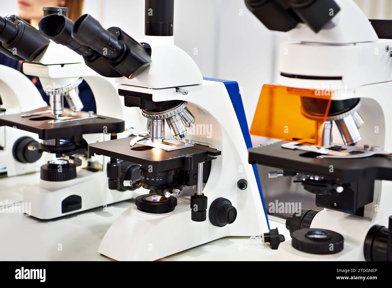 Modern stereo microscopes on store exhibition Stock Photo