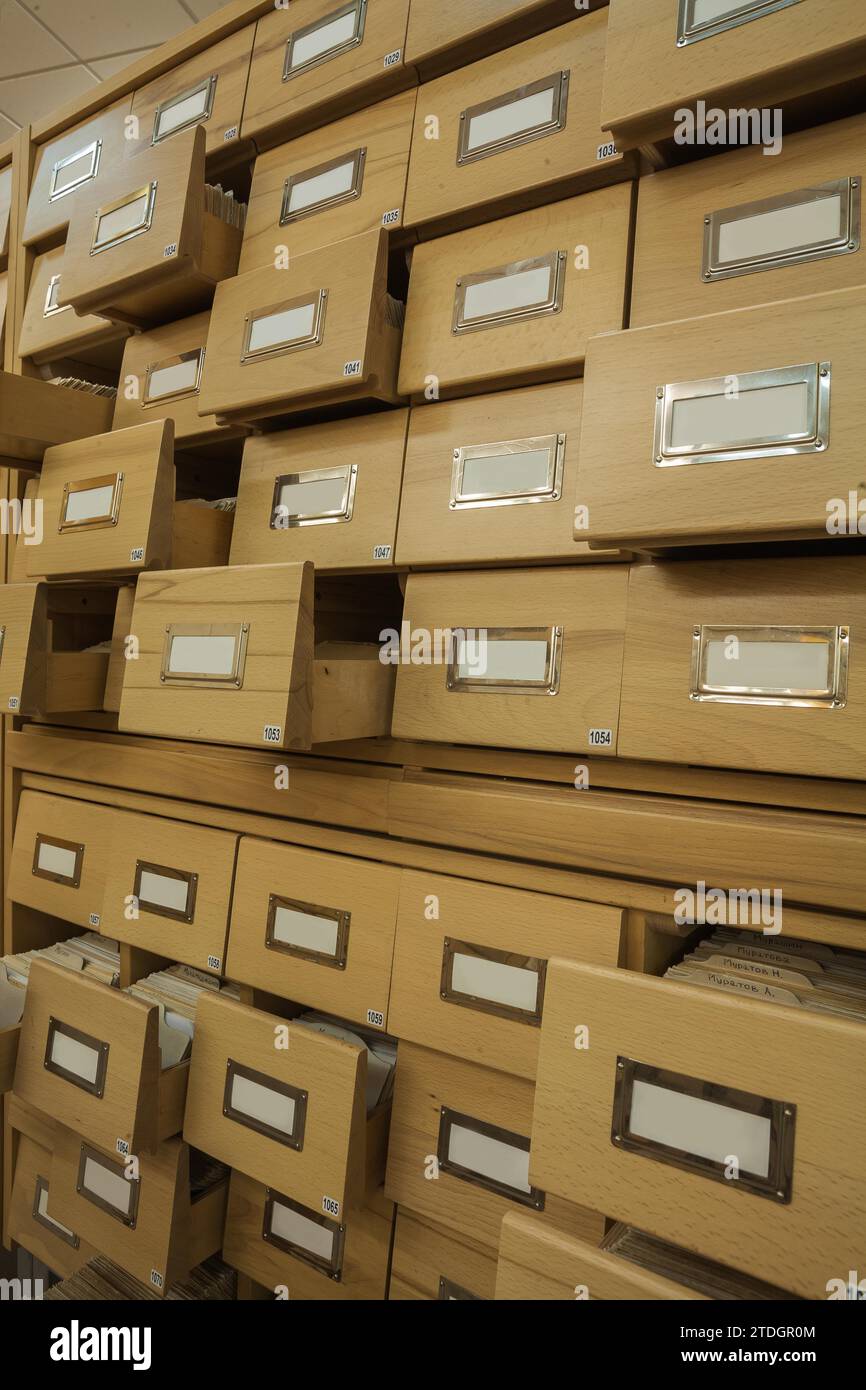Library wooden card catalogue with opened crates Stock Photo Alamy