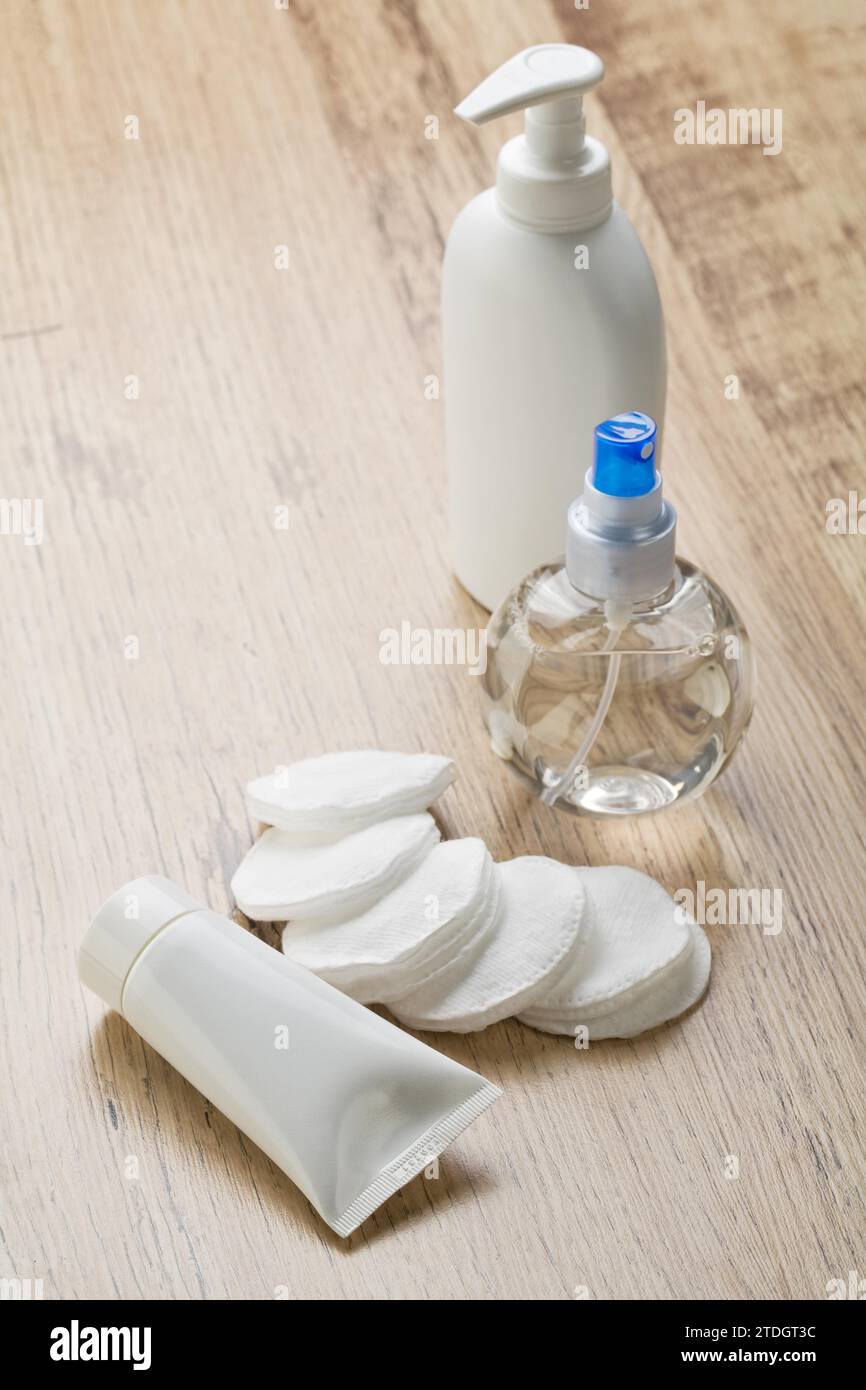 Bottle tube and cotton pads Stock Photo