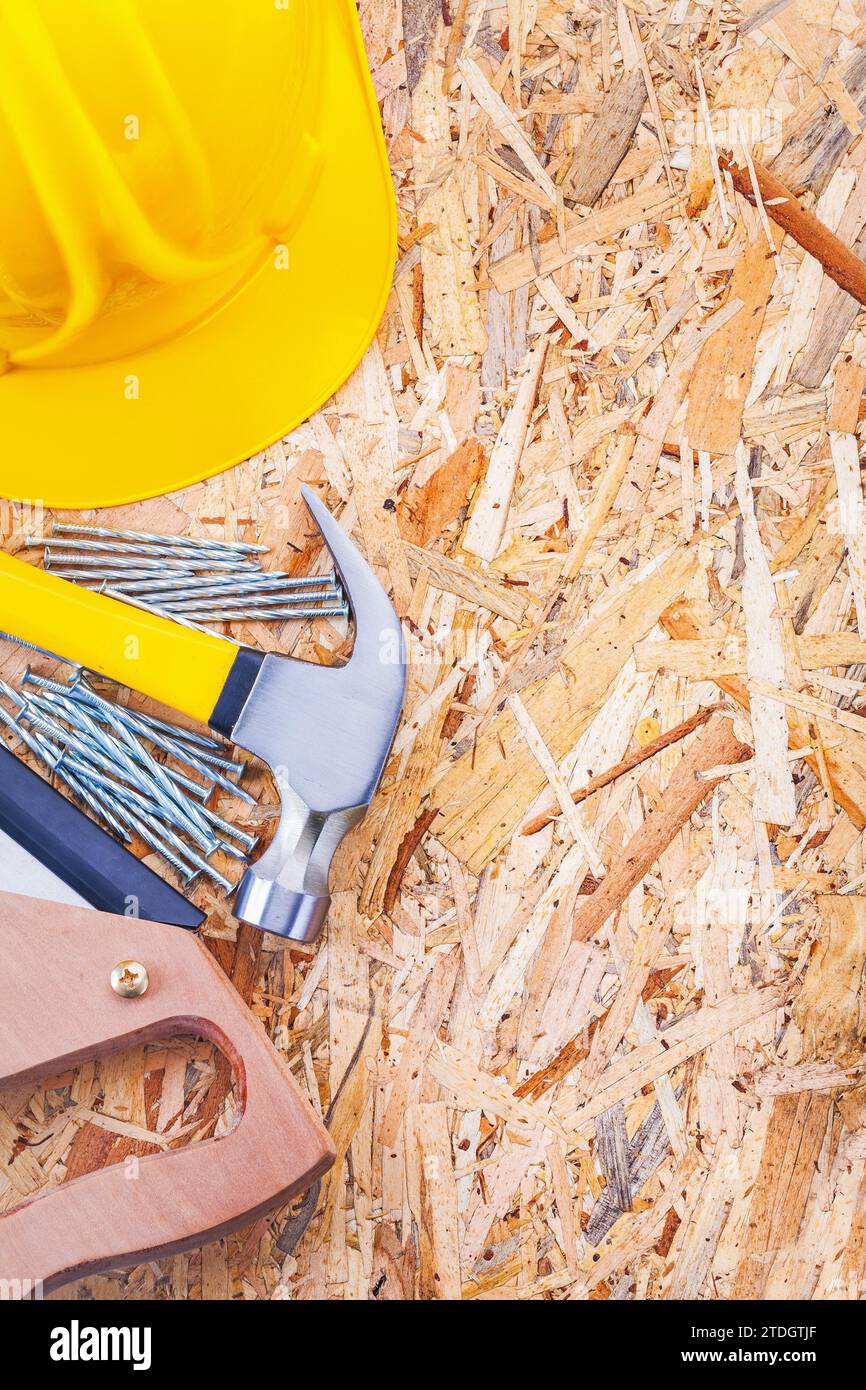 Copyspace image set of construction tools helmet claw hammer nails and ...