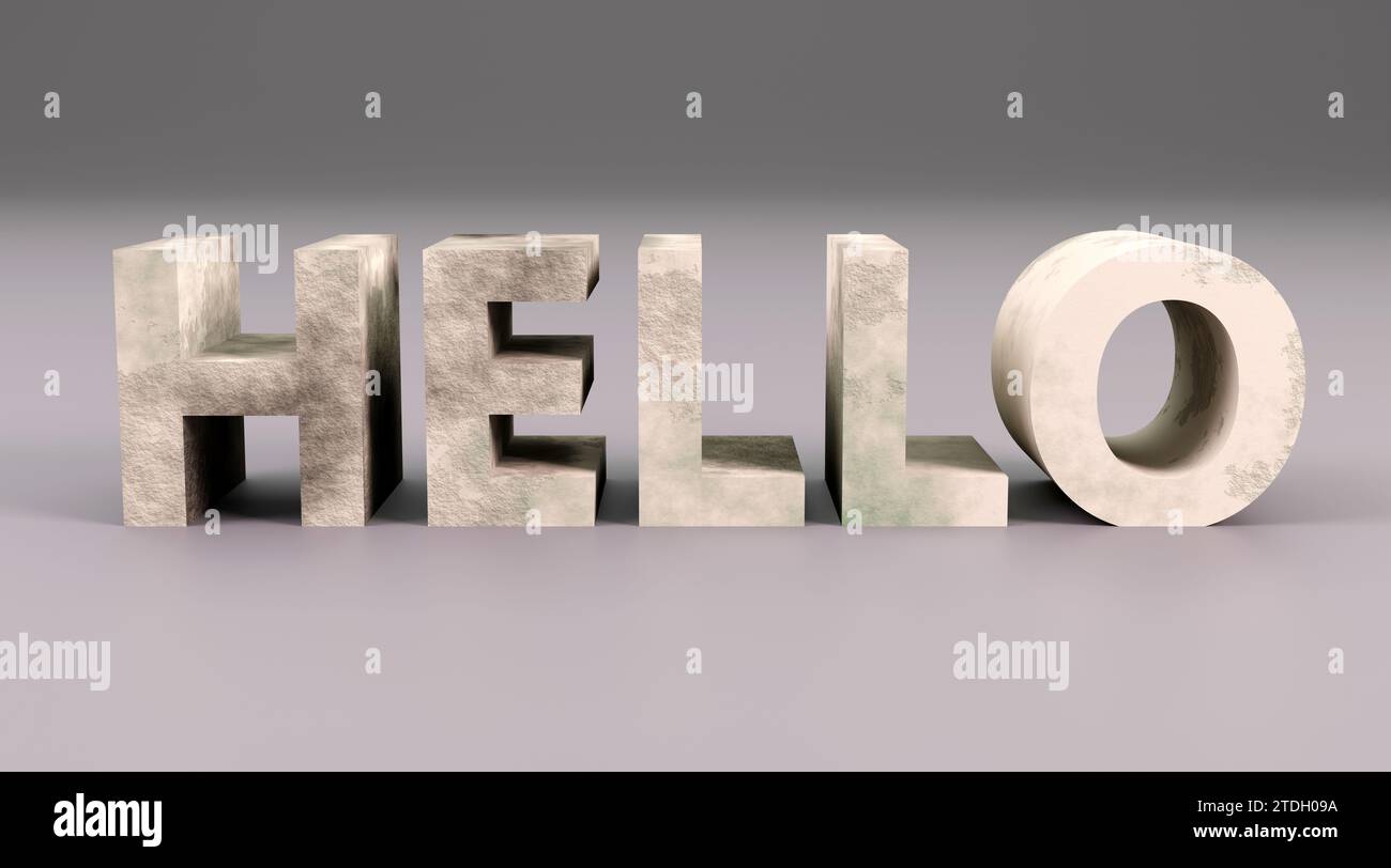 Luxury concrete inscription hello on grey podium, soft light, front ...