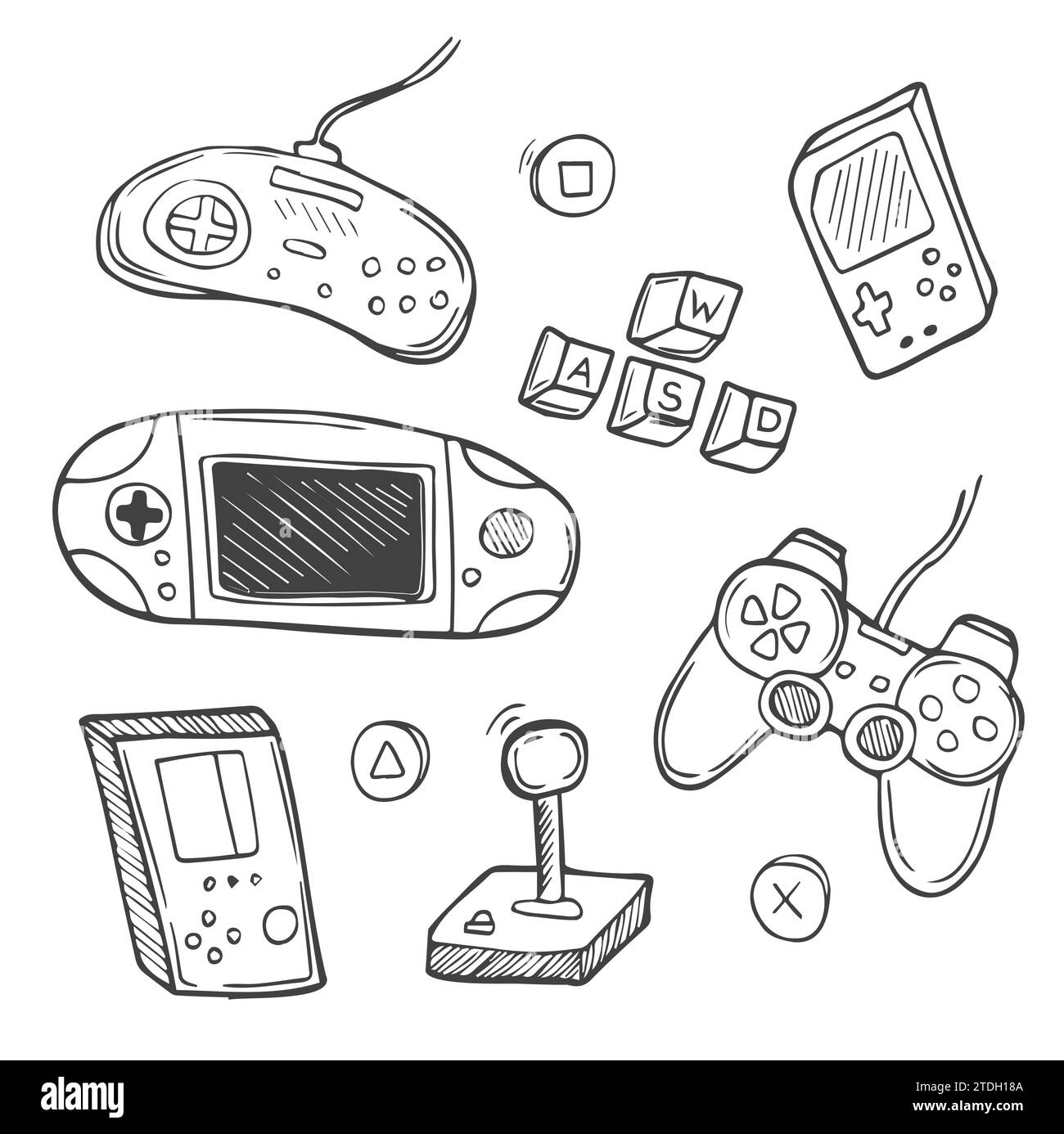 Set of video game in doodle style. Computer games line vector
