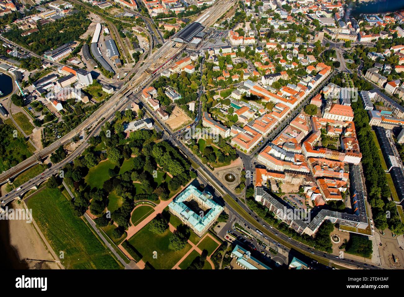 Aerial view of Dresden Neustadt. The layout of the baroque central axes ...
