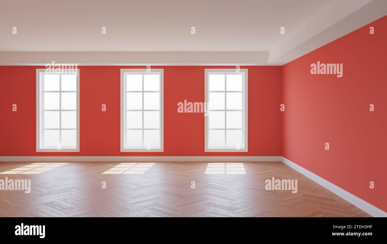 Light Red Room with a White Ceiling and Cornice, Glossy Herringbone Parquet Floor, Three Large Windows and a White Plinth. Sunny Beautiful Room. 3D Rendering, 8K Ultra HD, 7680x4320, 300 dpi Stock Photo