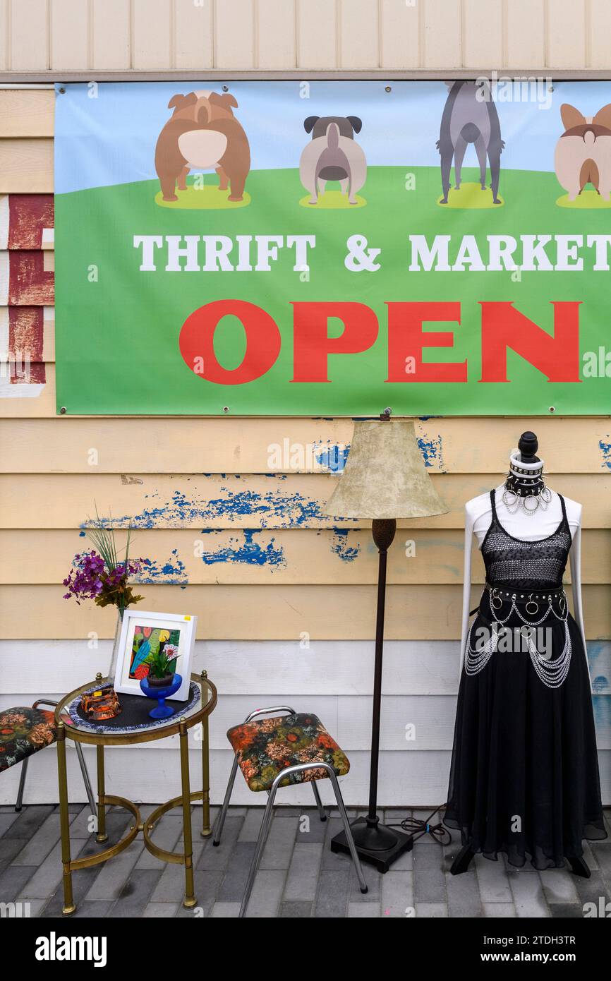Outside display in front of a thrift shop or store, Calgary, Alberta, Canada Stock Photo