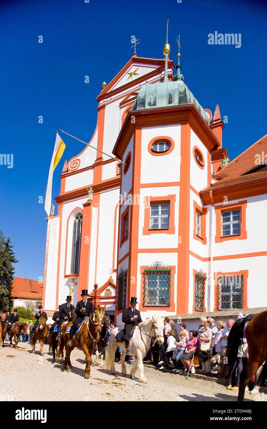 Every year at Easter there are about 5 processions in Lusatia, each with about 200 riders. The Catholic Church continues old Sorbian rites here. Stock Photo
