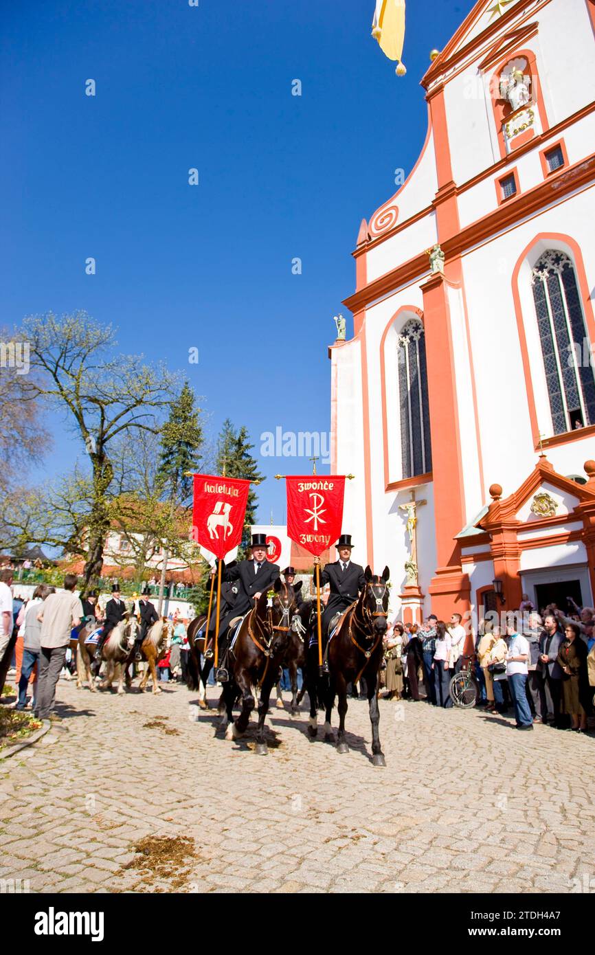 Every year at Easter there are about 5 processions in Lusatia, each with about 200 riders. The Catholic Church continues old Sorbian rites here. Stock Photo