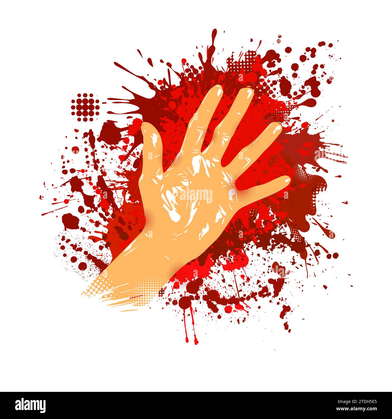 Bloody hand print isolated on white background. No war. Horror scary