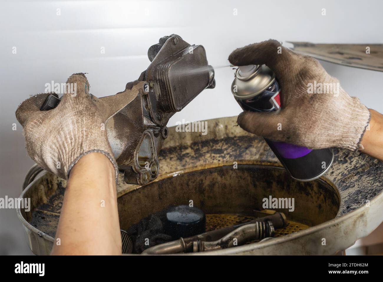 An auto mechanic cleans the heat exchanger of a passenger car using a cleaning spray Stock Photo
