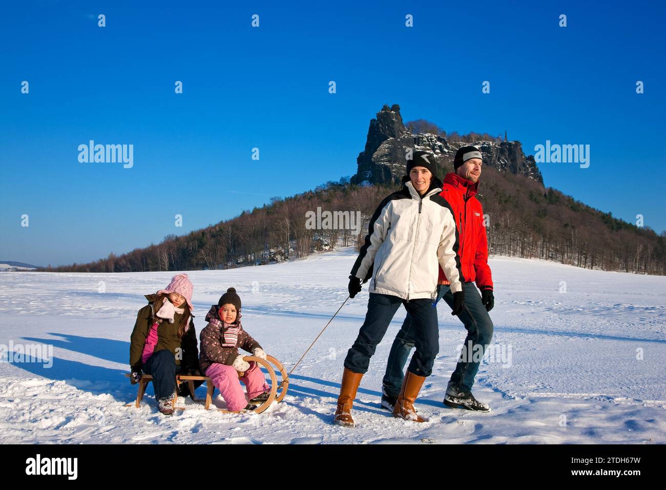Winter Lilienstein, a peak in Saxon Switzerland. Winter hiking and sledging in the national park is also an attractive, active leisure activity for Stock Photo