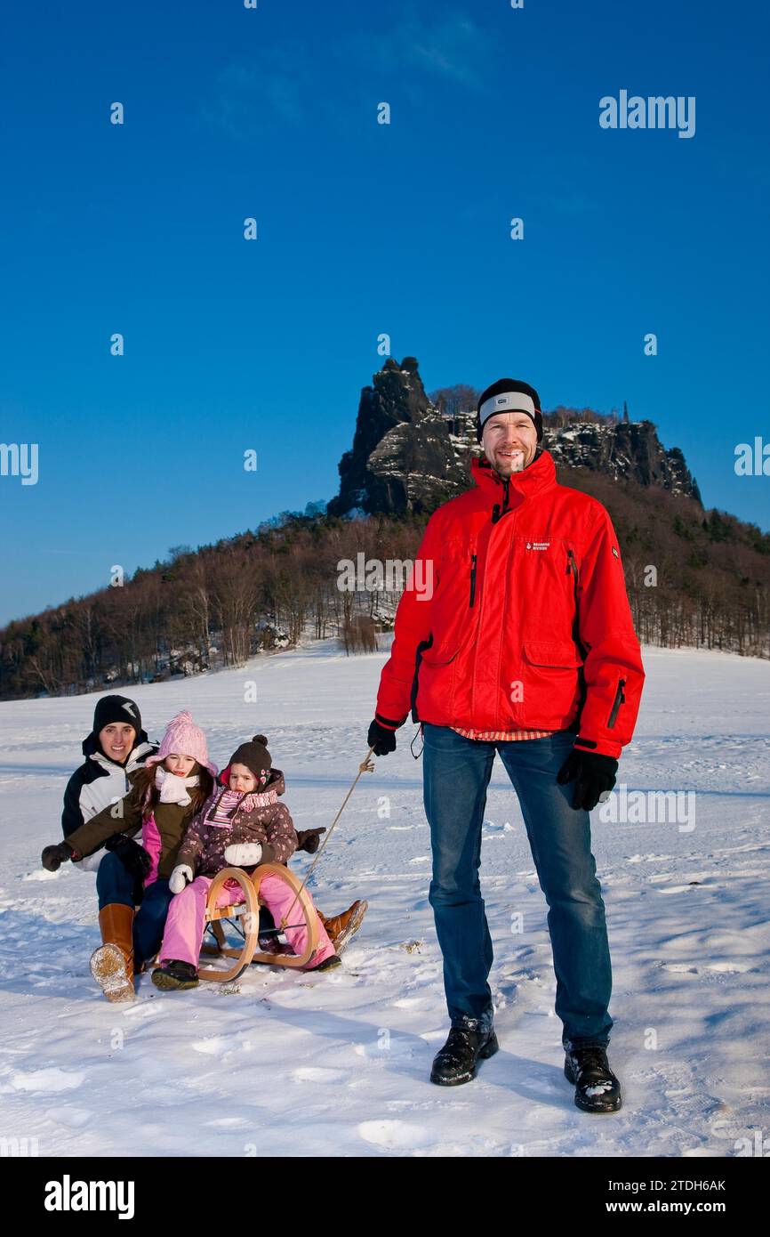 Winter Lilienstein, a peak in Saxon Switzerland. Winter hiking and sledging in the national park is also an attractive, active leisure activity for Stock Photo