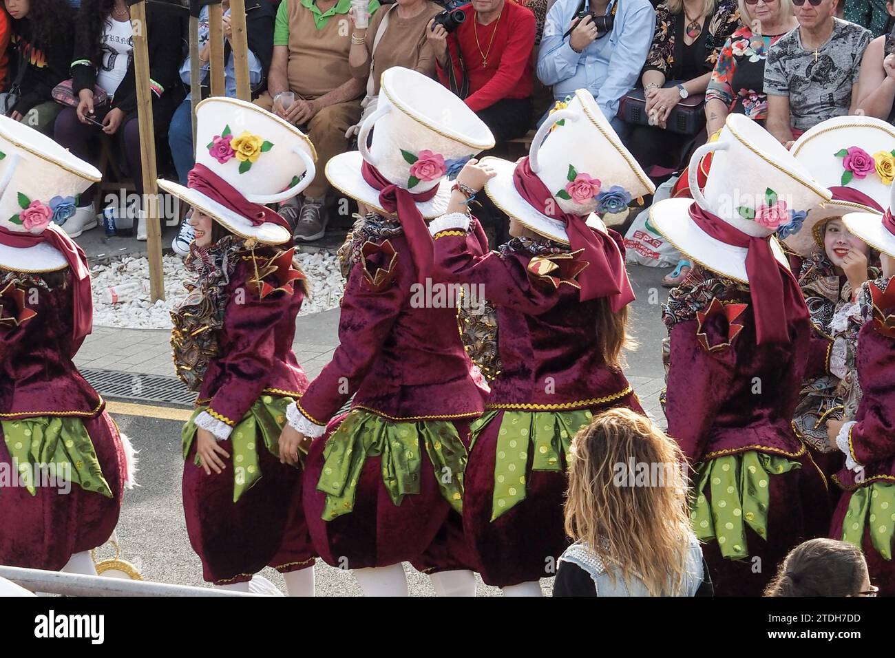 Tenerife, Spain- mar 05, 2019: Famous Carnival Festival in the streets of Santa Cruz de Tenerife, characters and groups to the rhythm of percussion. Stock Photo
