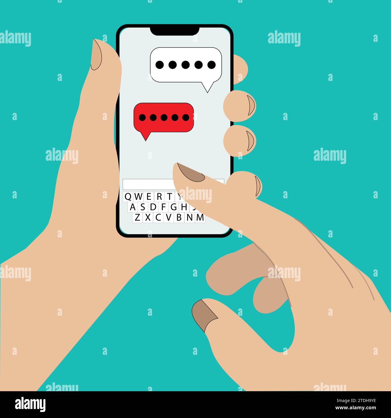 Text Message on Mobile Phone with hand pointing at screen.  SMS Messaging on Smartphone Stock Vector