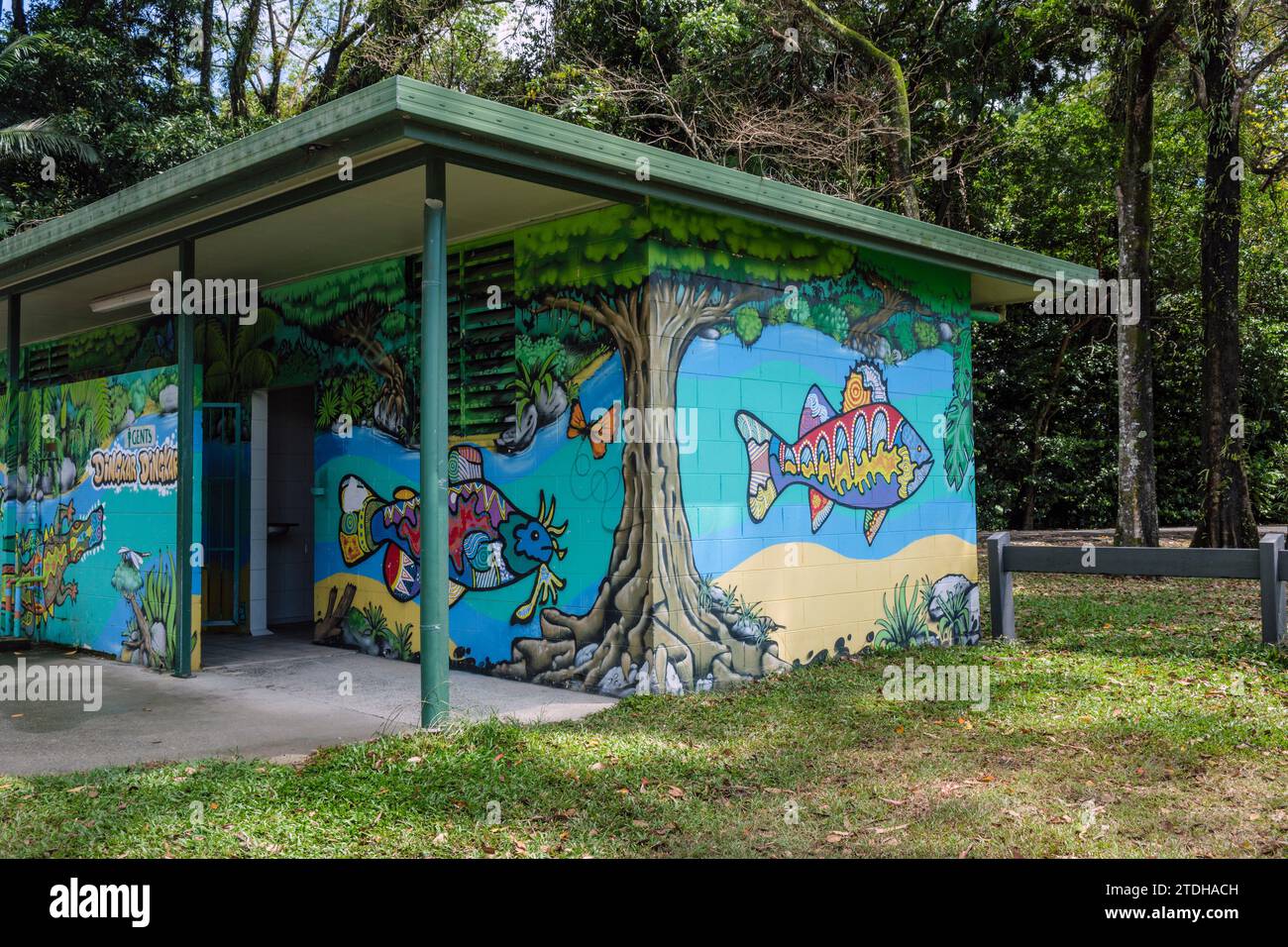 Public toilet painted by local indigenous artists featuring Queensland wildlife, Rotary Park, Mossman, Queensland, Australia Stock Photo
