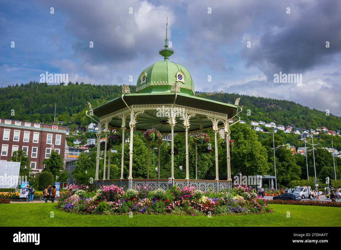 Bergen, Norway, June 29, 2023: Pedestrains walk the city streets of Julemarked Byparken in the center of Bergen during an afternoon. The area is famou Stock Photo