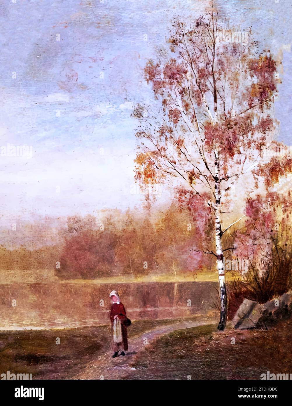 Landscape with Woman Walking by a Lake, 1880 (Painting) by Artist Munch, Edvard (1863-1944) / Norwegian. Stock Vector