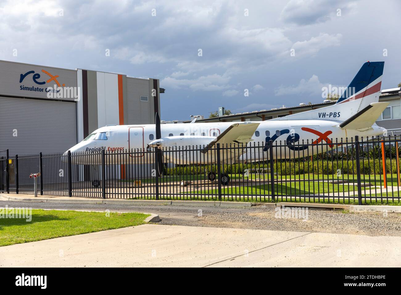 Rex regional express airlines aeroplane and flight simulator centre for pilot training, Wagga Wagga airport, NSW,Australia Stock Photo