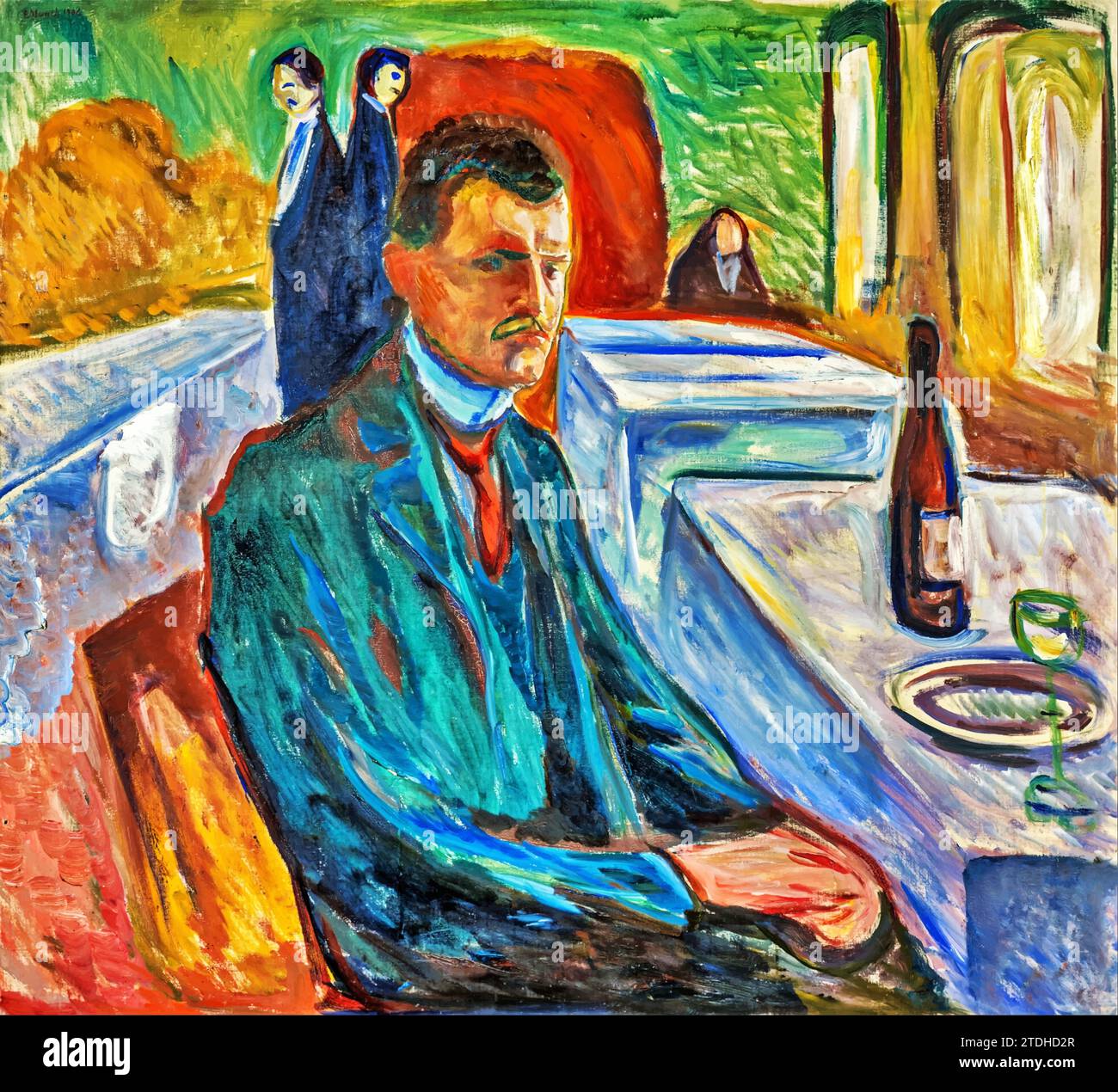 Self-Portrait with a Bottle of Wine, 1906 (Painting) by Artist Munch, Edvard (1863-1944) / Norwegian. Stock Vector