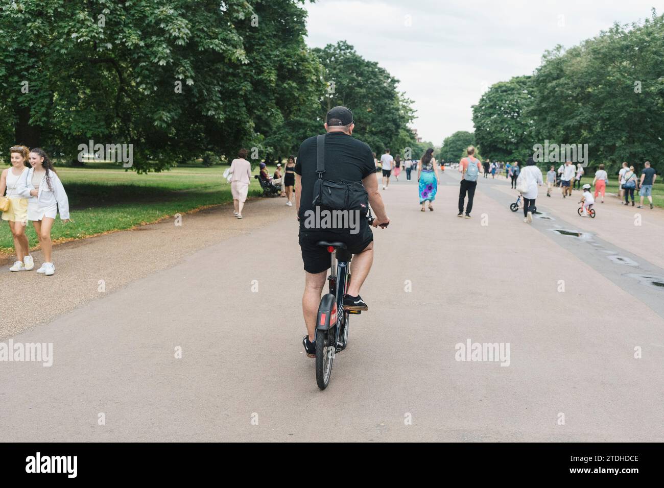 A man rides a hire / rental Santander eBike in London through a park Stock Photo