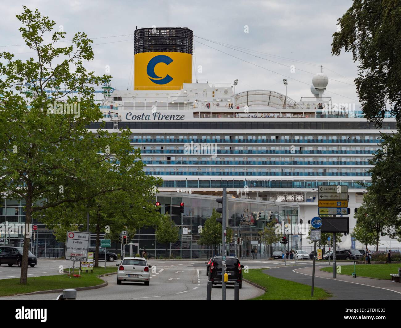 Long shot down Prinzengarten of the Costa Firenze cruise ship moored in the Cruise Terminal Ostseekai, Kiel, Germany. Stock Photo