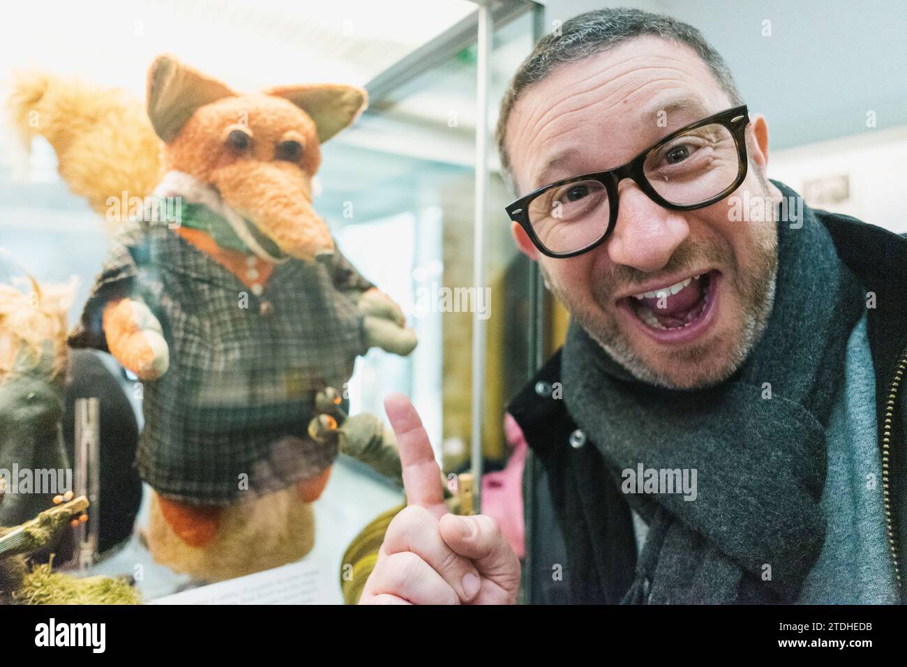 The classic kids character of Basil Brush is on display in an exhibition and a man remembers his childhood Stock Photo