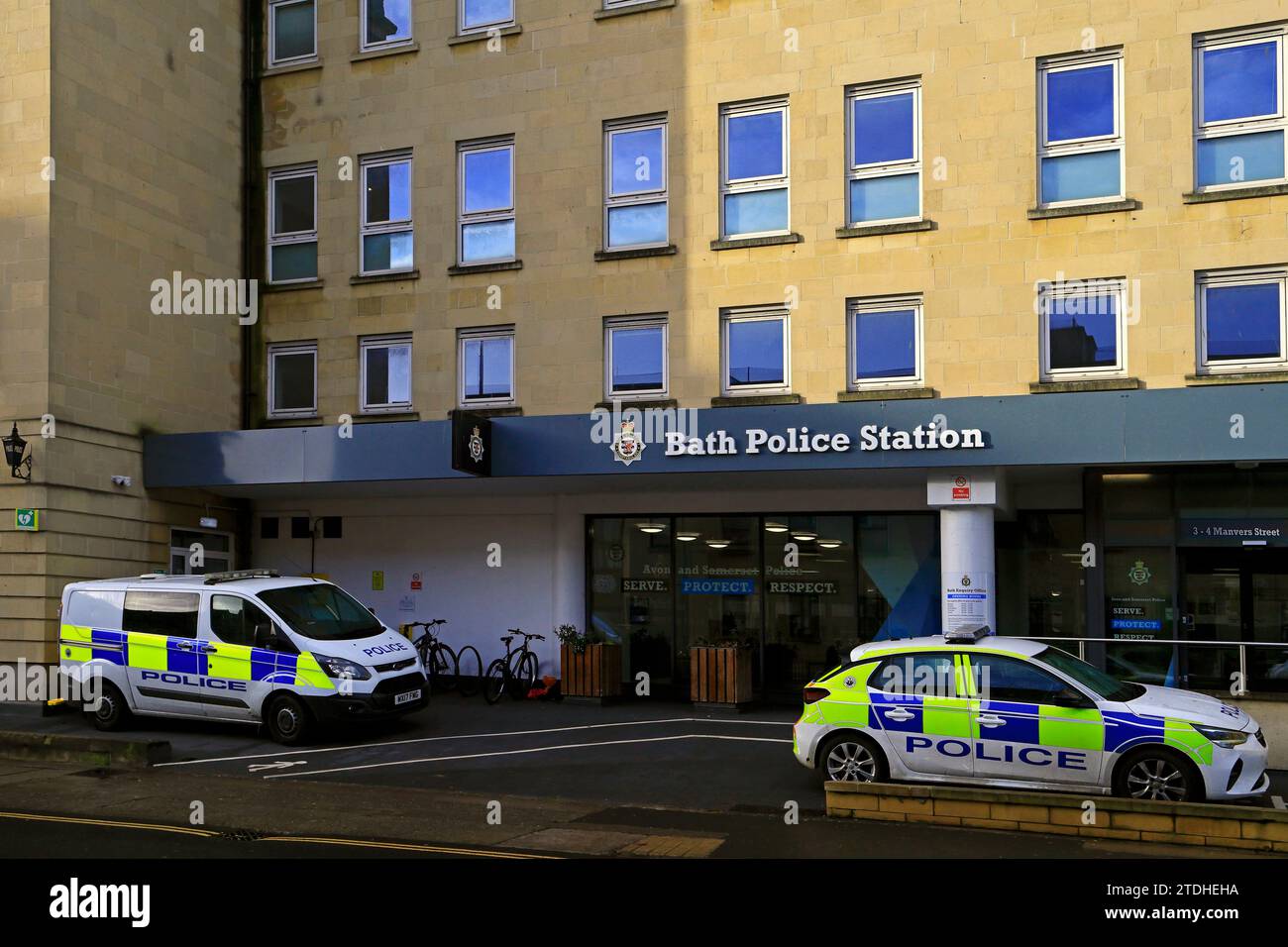 Bath Police Station with police vehicles parked outside. Taken December