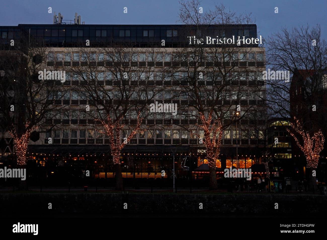 The Bristol Hotel in evening light with Christmas fairy lights on the