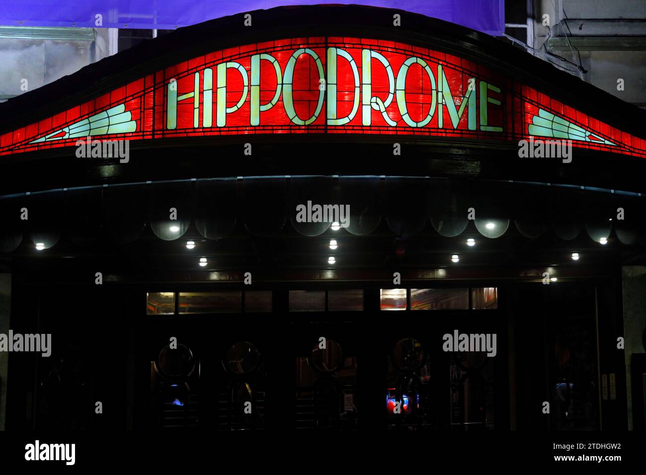The Hippodrome theatre, Bristol with illuminated art deco style signage
