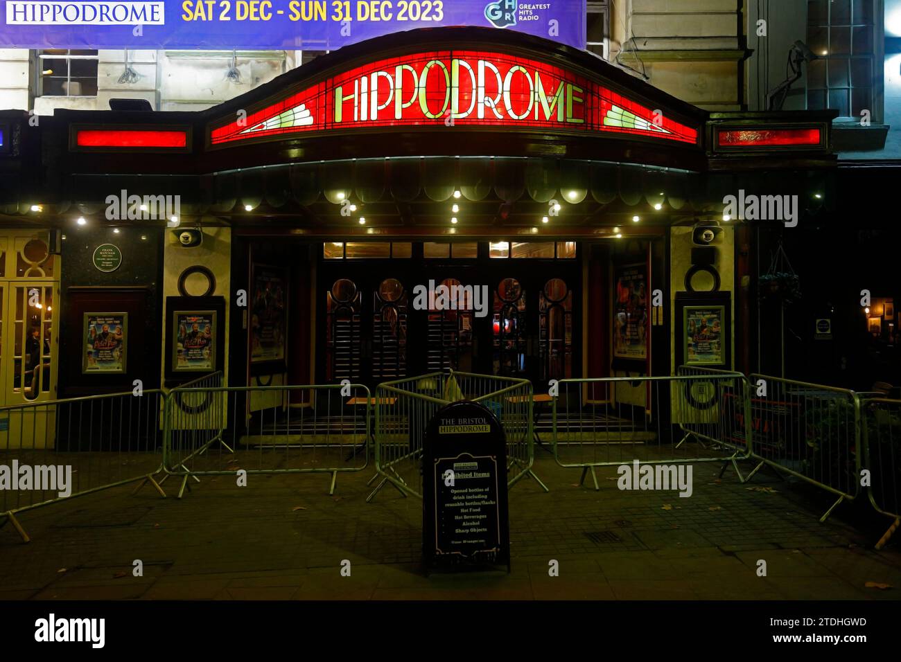 The Hippodrome theatre, Bristol with illuminated art deco style signage