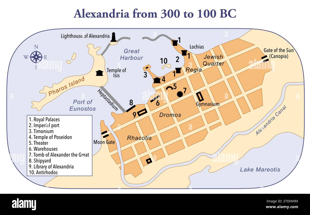 Map of ancient Alexandria from 300 to 100 BC Stock Photo