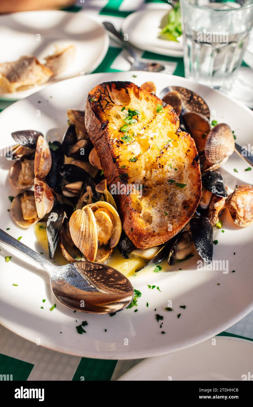 clams and mussels served at Italian American restaurant with white vermouth, garlic, parsley, cream and garlic toast Stock Photo